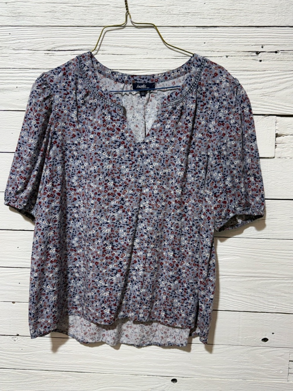 Angels Dusty Blue Floral Short-Sleeve Blouse Casual Relaxed Womens